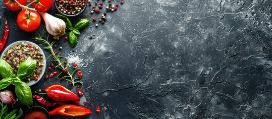 Obraz na płótnie Canvas Cooking background with a black stone surface, along with a variety of spices and vegetables. View from above with available space for text.