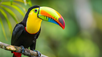 A toucan with vivid. multicolored patterns on its beak is displayed against a jungle green background. The colors include bright yellow and red stripes along the beaks contour