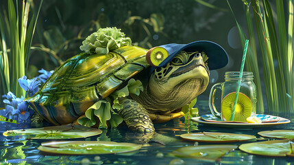 A turtle with a cap is floating in a pond lily pad. wearing a rash guard and drinking lemonade from a mason jar on the side of it. The turtle has a shell that is round - obrazy, fototapety, plakaty