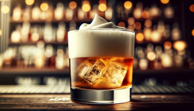 Classic Whiskey Sour in a rocks glass, focus on the frothy egg white top, whiskeys rich amber hue, bar blurred in the background.. AI generated.