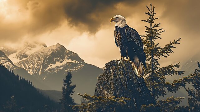 A striking image of a bald eagle perched atop a tall pine, its fierce gaze surveying the landscape with regal authority.