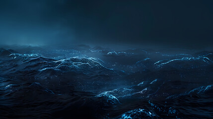 A vast ocean at twilight with bioluminescent creatures beneath the surface. minimalistic