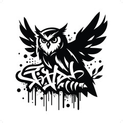 Owl silhouette, animal graffiti tag, hip hop, street art typography illustration.