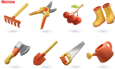 Obraz premium Gardening Tools. Rake, hand pruners, berries, rubber boots, axe, shovel, saw, watering can. 3d vector icon set