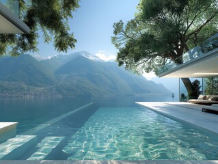 A beautiful pool with a tree in the background. The pool is surrounded by mountains and the water is calm. Scene is peaceful and relaxing