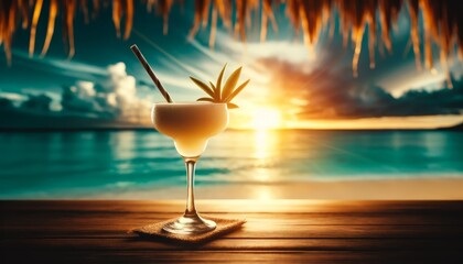 Daiquiri at a beach bar, focus on the drink with a tropical background, sunset over the ocean in the background.. AI generated. - obrazy, fototapety, plakaty