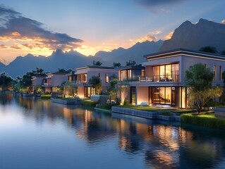 A row of houses are built on the shore of a lake. The houses are all different sizes and are all facing the water. The houses are all lit up at night, creating a warm and inviting atmosphere - obrazy, fototapety, plakaty
