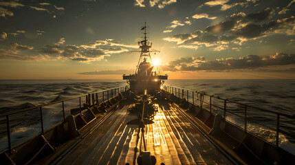 A wide-angle view of the ship's deck. showcasing its massive and imposing presence against an open sea backdrop. The sun casts long shadows on the deck as it rises in front of us - obrazy, fototapety, plakaty