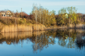 Picturesque lake shore with reeds and trees in the countryside. Nature of Ukraine on a sunny spring day