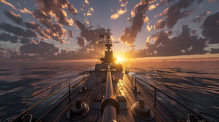 A wide-angle view of the ship's deck. showcasing its massive and imposing presence against an open sea backdrop. The sun casts long shadows on the deck as it rises in front of us