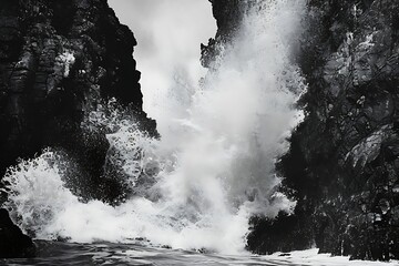 : A burst of spray as a wave hits a rocky coastline.
