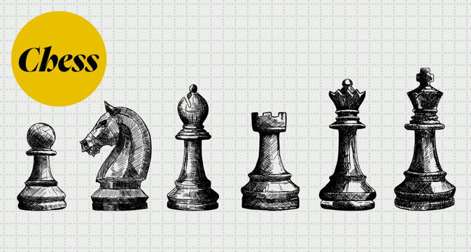 chess pieces set collection hand drawn sketch illustration modern trendy poster template design on cell background