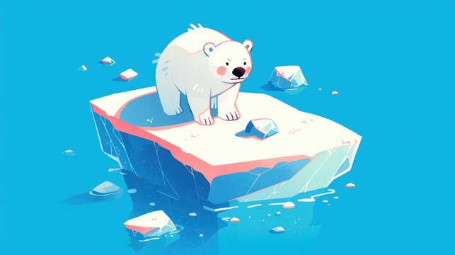 A hand drawn 2d illustration of a polar bear standing on an ice floe depicted in an isometric style with flat colors