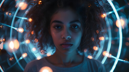 A young woman with curly hair stands in the center of an abstract space. surrounded by glowing light bulbs and wires that form a circular pattern around her