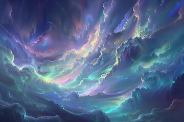 : A cascade of iridescent clouds drifting lazily in a deep twilight sky. - obrazy, fototapety, plakaty