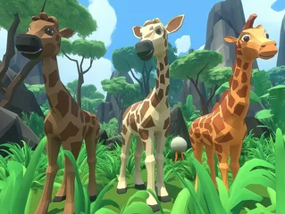 Selbstklebende Fototapeten Three giraffes standing in a jungle with a small ball in the middle. Scene is playful and lighthearted © MaxK