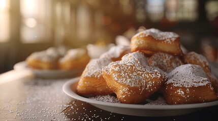 Close-up of three donuts sprinkled with powdered sugar on a plate - obrazy, fototapety, plakaty