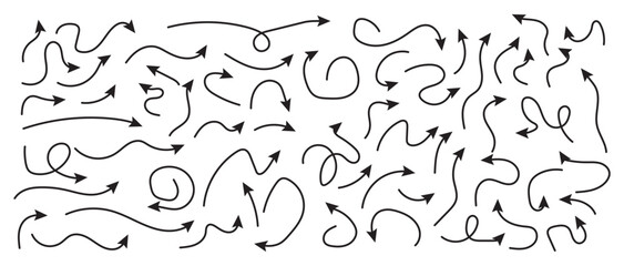 Arrows set, hand drawn doodle direction twist indicators, pointers and scroll elements. Collection of swirly various dynamics shapes. Isolated on white background. Vector illustration eps 10.