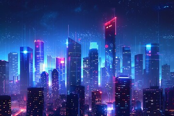 : A cityscape at night with skyscrapers illuminated by neon lights.