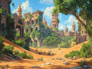 A deserted city with a castle in the background. The castle is surrounded by trees and the sky is blue