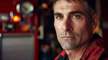 American male firefighter in a fire station