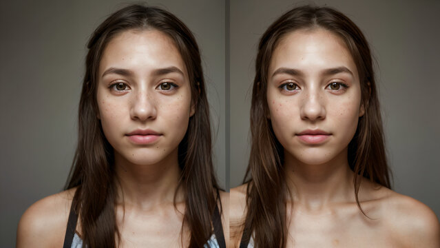 Double portrait of teenager in the mirror. Before and after skin cream treatment. Facial defects, pimples, moles, angiomas. - Powered by Adobe