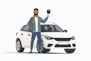 Man stands next to a new car and holds a key in his hand. Happy vehicle owner in white background 3D avatars set vector icon, white background, black colour icon