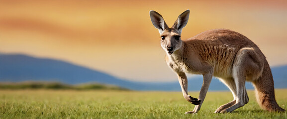 Big kangaroo. Banner size, figure on one side, furry animal, australia, advertising, nature, adventures, travel, safari. Copy space, colorful background. Hyperrealistic illustration.