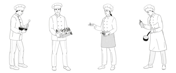 standing smiling chefs male and female African American characters in uniform preparing food
