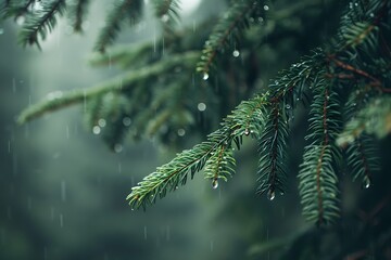 Fototapeta na wymiar : A close-up of a raindrop about to fall from the needle of an evergreen tree in a silent forest