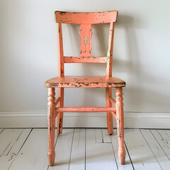 chalk orange painted provincial chair against white wall,show more wall front facing**  - obrazy, fototapety, plakaty