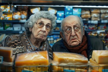 Fototapeta premium an old woman is surprised by the high prices in the store. old age. pension. spend money.