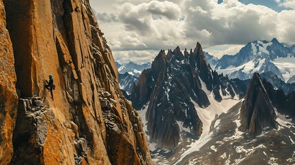 A solitary climber scaling a sheer rock face, demonstrating a blend of strength and determination against the vast, rugged backdrop. - obrazy, fototapety, plakaty
