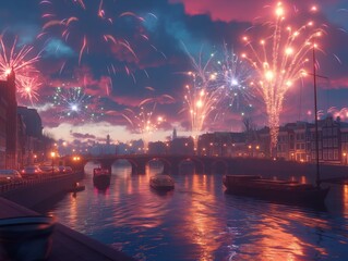 A city with a river and fireworks in the sky
