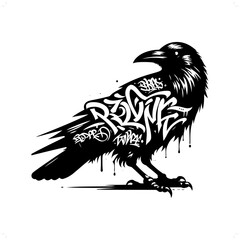 raven; crow silhouette, animal graffiti tag, hip hop, street art typography illustration.