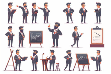 Man teacher writes on the blackboard and points to something. Professor in glasses is giving a lecture 3D avatars set vector icon, white background, black colour icon