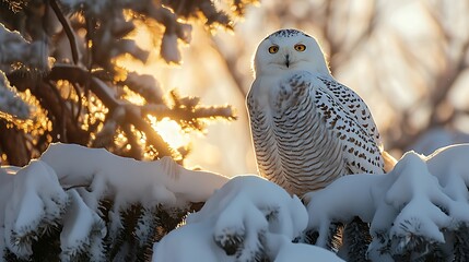 A snowy owl perched atop a snow-covered branch, its piercing eyes surveying the wintry landscape with keen alertness - obrazy, fototapety, plakaty