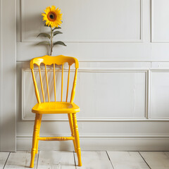 chalk pale teal painted provincial chair against white wall,show more wall front facing**  - obrazy, fototapety, plakaty