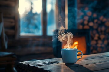: A cozy cabin interior with a crackling fireplace casting warm, blurred light onto a rustic wooden table. A steaming mug sits on the table, sending wisps of smoke upwards. Ideal for  - obrazy, fototapety, plakaty
