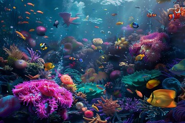 Fototapeta na wymiar : A coral reef teeming with colorful fish and sea anemones.