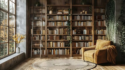 Serene Minimalist Home Library Oasis. Concept Minimalist Design, Home library, Serene Atmosphere, Relaxation Haven, Book lovers