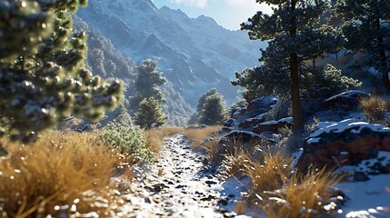 A snow-dusted trail winding through a pine forest, each tree frosted with winter's delicate touch, creating a serene path into the quiet woods.