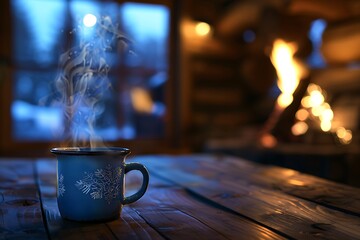 : A cozy cabin interior with a crackling fireplace casting warm, blurred light onto a rustic wooden table. A steaming mug sits on the table, sending wisps of smoke  - obrazy, fototapety, plakaty