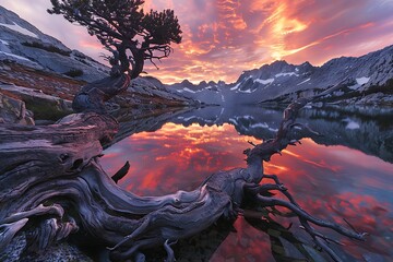 : A crystal-clear mountain lake reflecting the fiery colors of a twilight sky. In the foreground, a gnarled, ancient tree branch reaches out towards the water, its bark etched with stories of time. - obrazy, fototapety, plakaty
