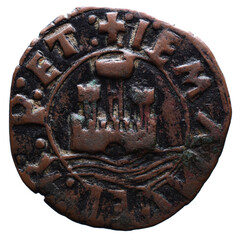Old Portuguese Copper coin from the reign of Manuel I king of Portugal in the 16th century