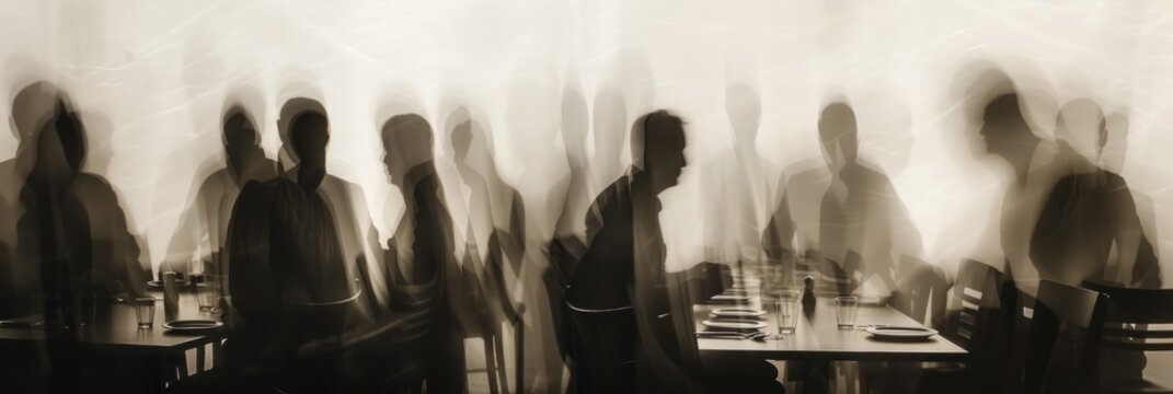 a long exposure photograph of multiple people restaurant visitors, motion blur