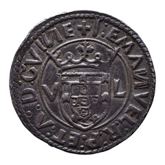 Obraz na płótnie Canvas Old Portuguese Silver coin from the reign of Manuel I king of Portugal in the 16th century