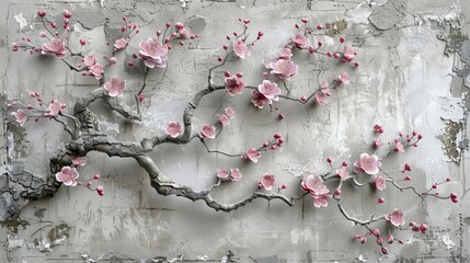 Pink flowers painting on concrete wall. A painting of pink flowers displayed on a concrete wall, showcasing the beauty of nature in art form.
