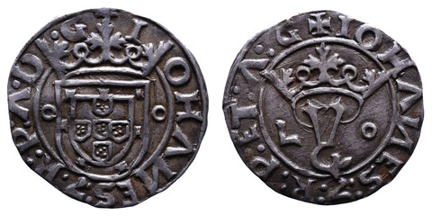 Old Portuguese Silver coin from the reign of João III king of Portugal in the 16th century