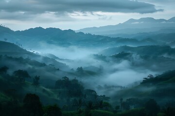 : A dense fog settling over a hilly terrain, with a gentle drizzle blurring the distant hills - obrazy, fototapety, plakaty